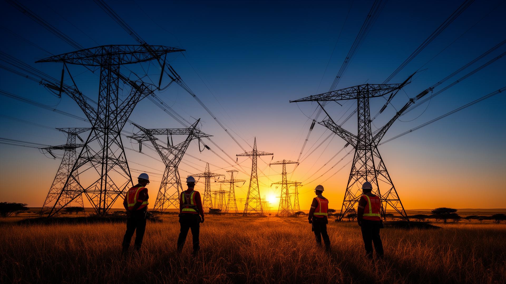 High-voltage transmission line at dusk
